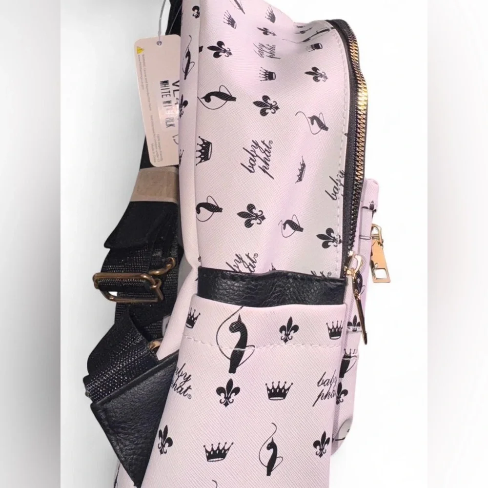 Baby Phat white Mini Backpack with Black Logo Print and Gold Hardware